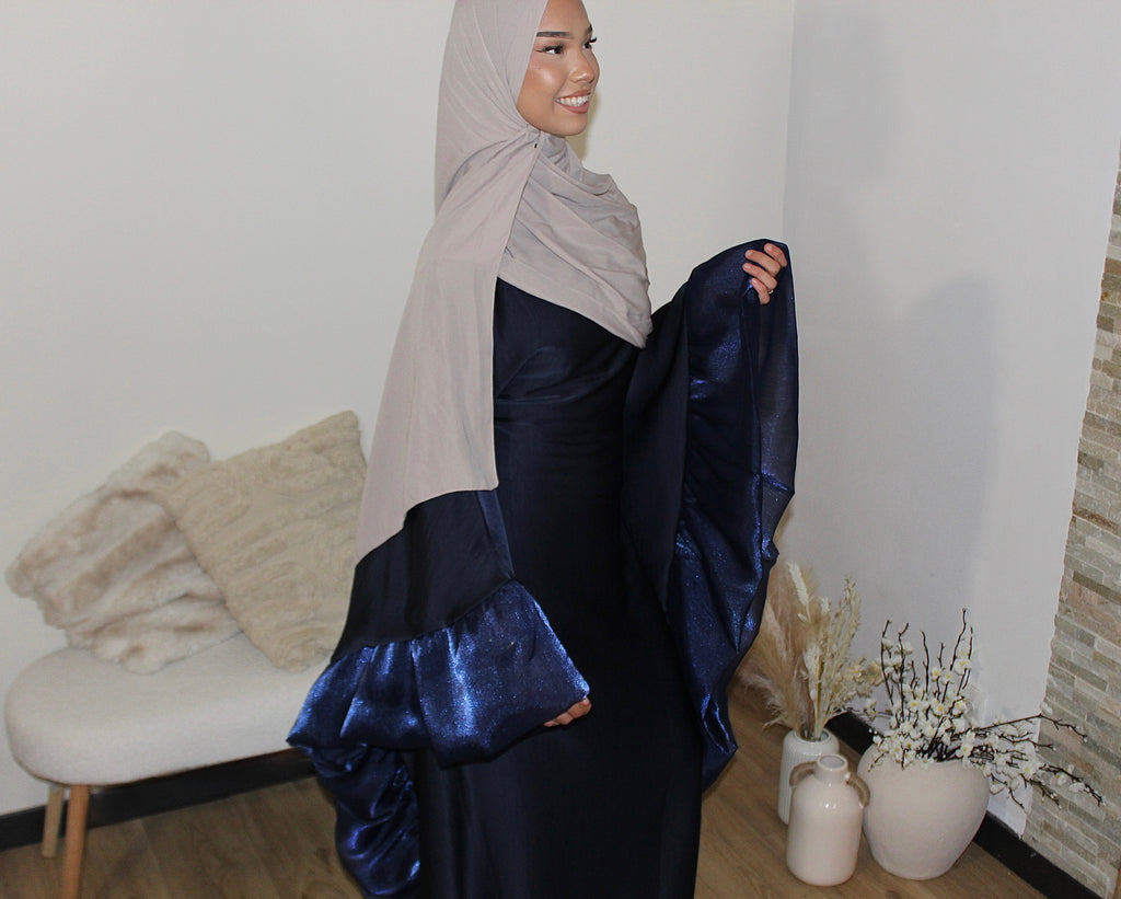 Abaya bouffante ceintré à la taille bleue