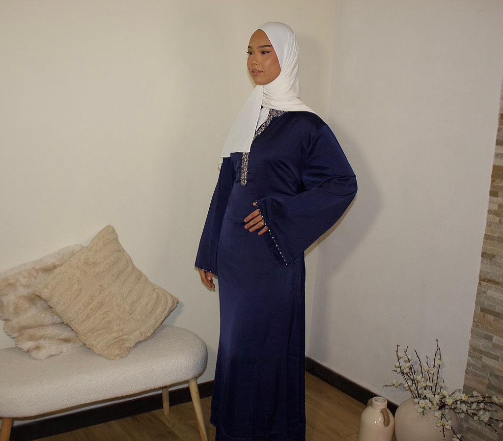 Abaya avec Col à Bijoux Ceinturé à la taille Bleue