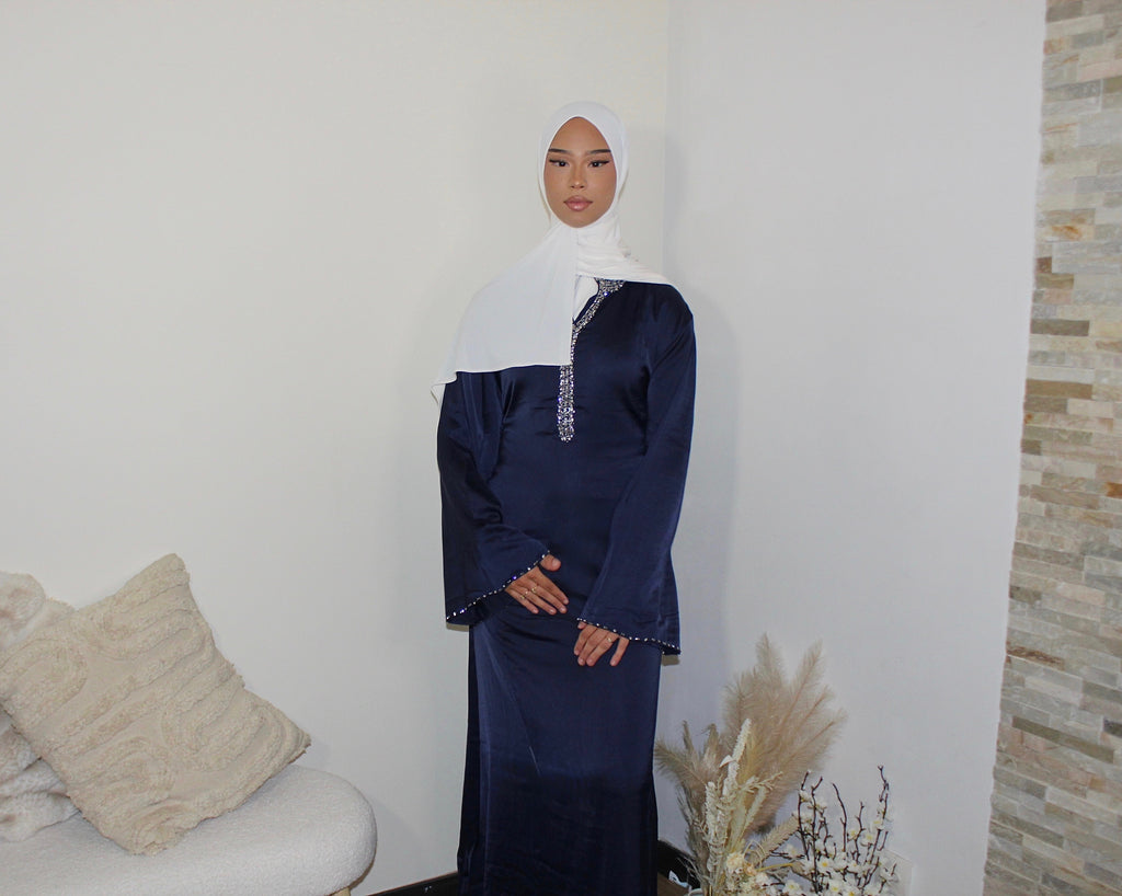 Abaya avec Col à Bijoux Ceinturé à la taille Bleue