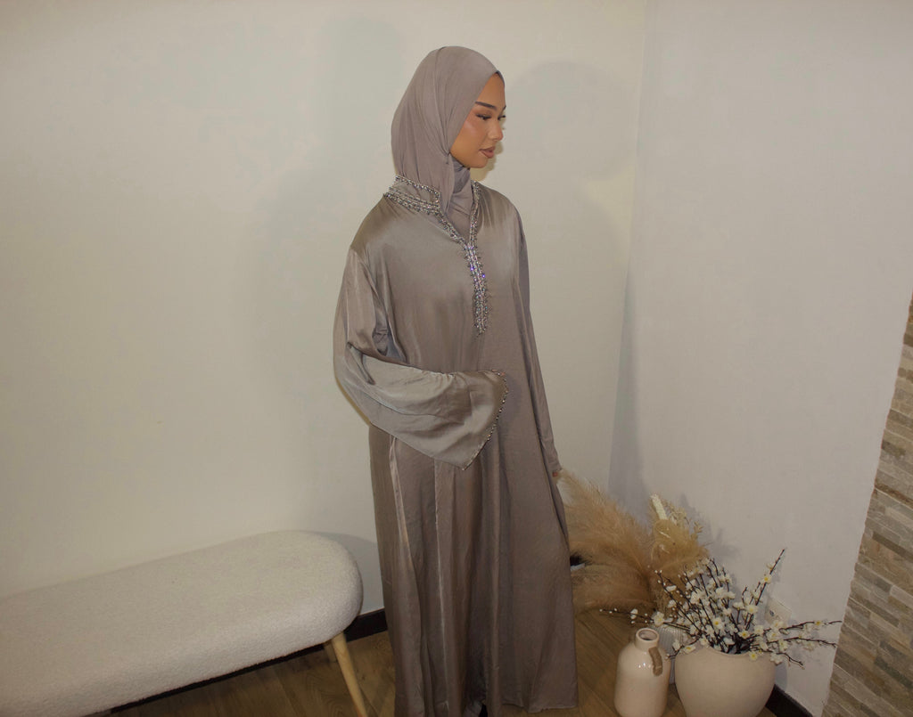 Abaya avec Col à Bijoux Ceinturé à la taille Taupe